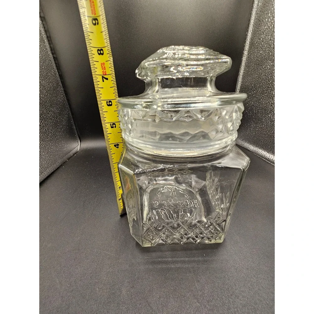 Koeze's Glass Apothecary Jar Vintage Clear Diamond Cut Square Canister with Lid